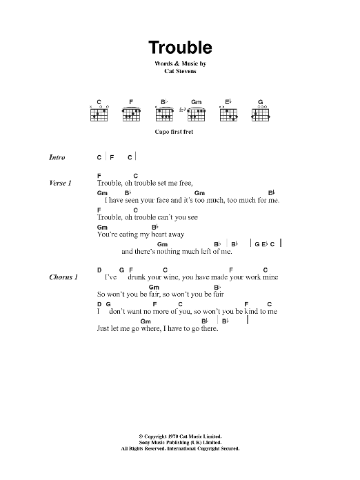 Cat Stevens Trouble sheet music notes and chords. Download Printable PDF.