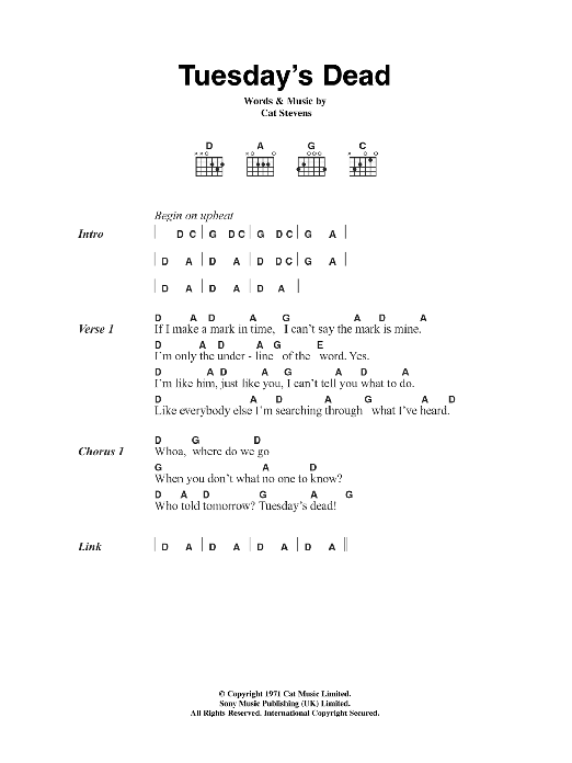 Cat Stevens Tuesday's Dead sheet music notes and chords. Download Printable PDF.