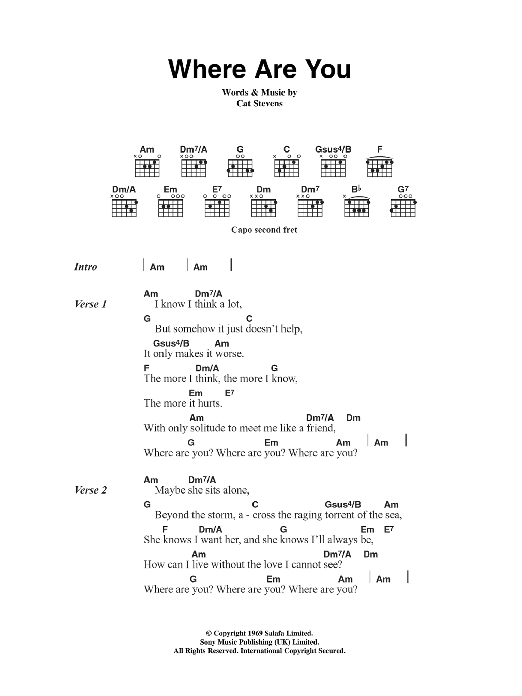 Learn to play Cat Stevens Where Are You? sheet music for Guitar Tab in minutes. Price: 7.8900$ Cat Stevens Where Are You? sheet music notes and chords arranged for Guitar Tab