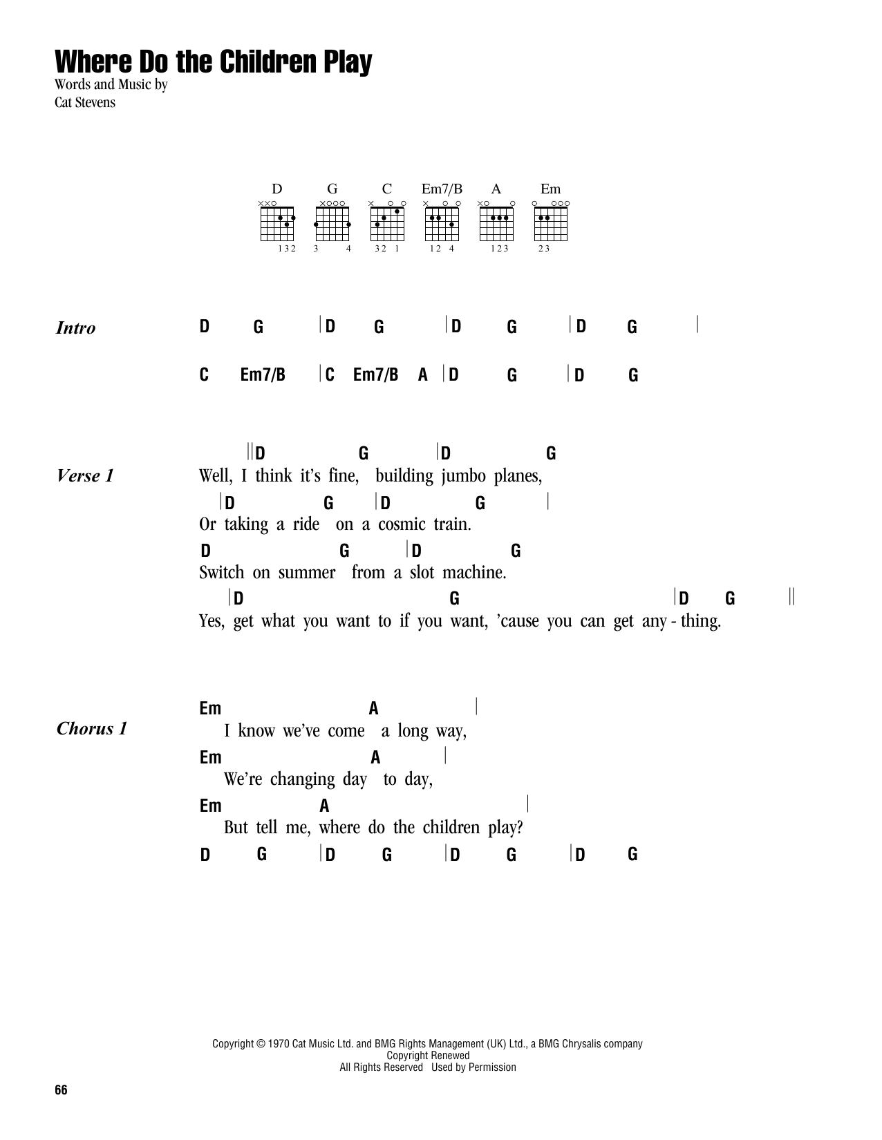 Cat Stevens Where Do The Children Play sheet music notes and chords. Download Printable PDF.