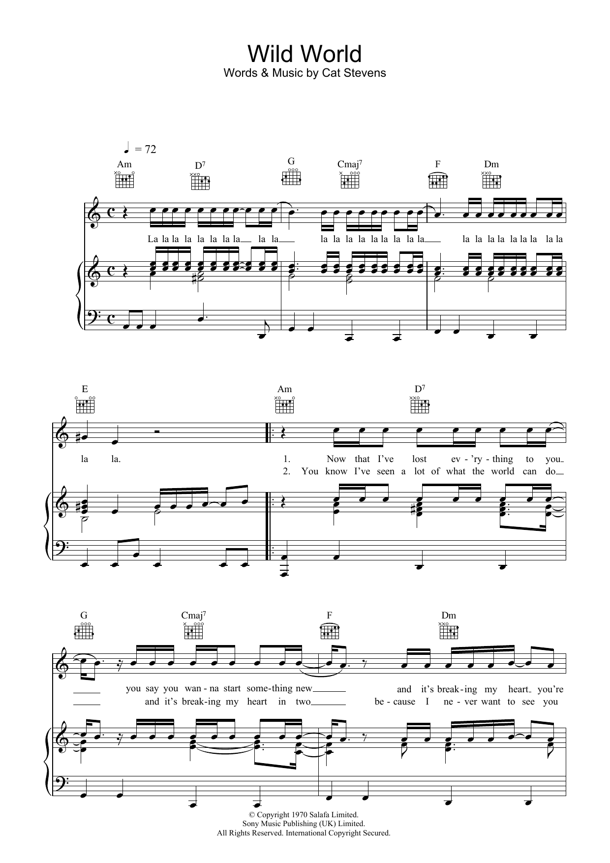 Cat Stevens Wild World sheet music notes and chords. Download Printable PDF.