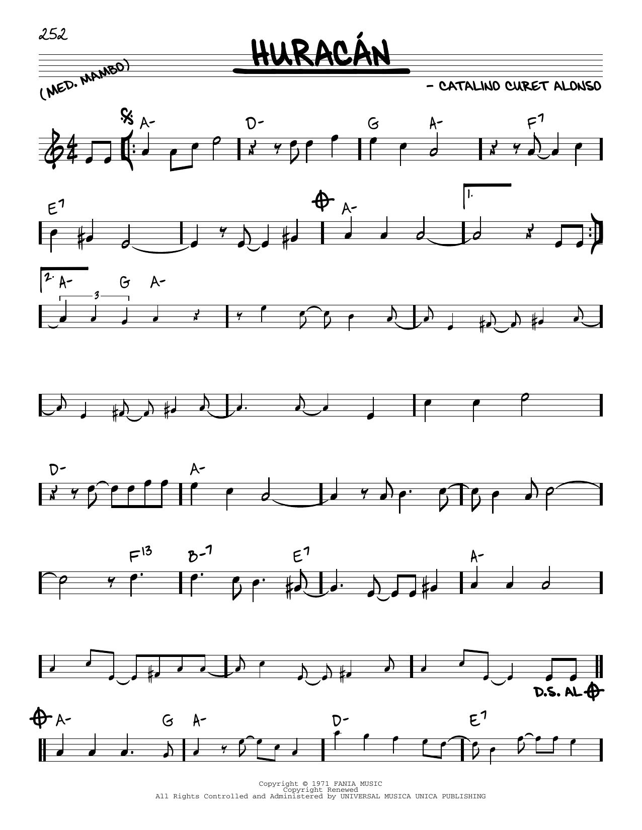 Learn to play Catalino Curet Alonso Huracan sheet music for Real Book – Melody & Chords in minutes. Price: 5.9900$ Catalino Curet Alonso Huracan sheet music notes and chords arranged for Real Book – Melody & Chords