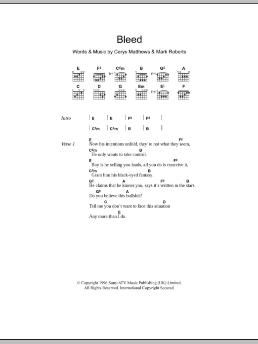 Catatonia Bleed sheet music notes and chords. Download Printable PDF.