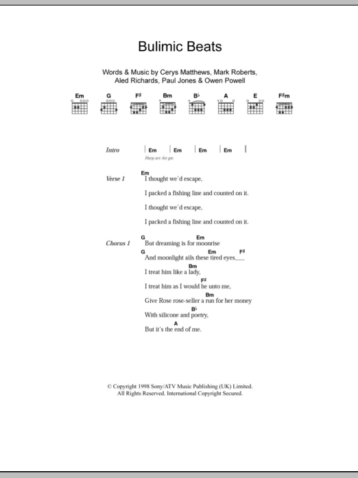 Catatonia Bulimic Beats sheet music notes and chords. Download Printable PDF.