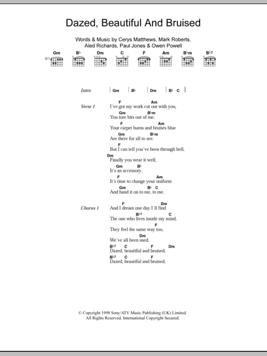 Catatonia Dazed, Beautiful And Bruised sheet music notes and chords. Download Printable PDF.