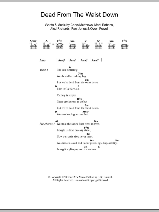 Catatonia Dead From The Waist Down sheet music notes and chords. Download Printable PDF.