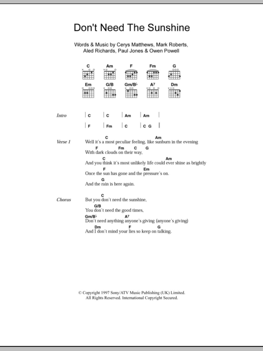 Catatonia Don't Need The Sunshine sheet music notes and chords. Download Printable PDF.