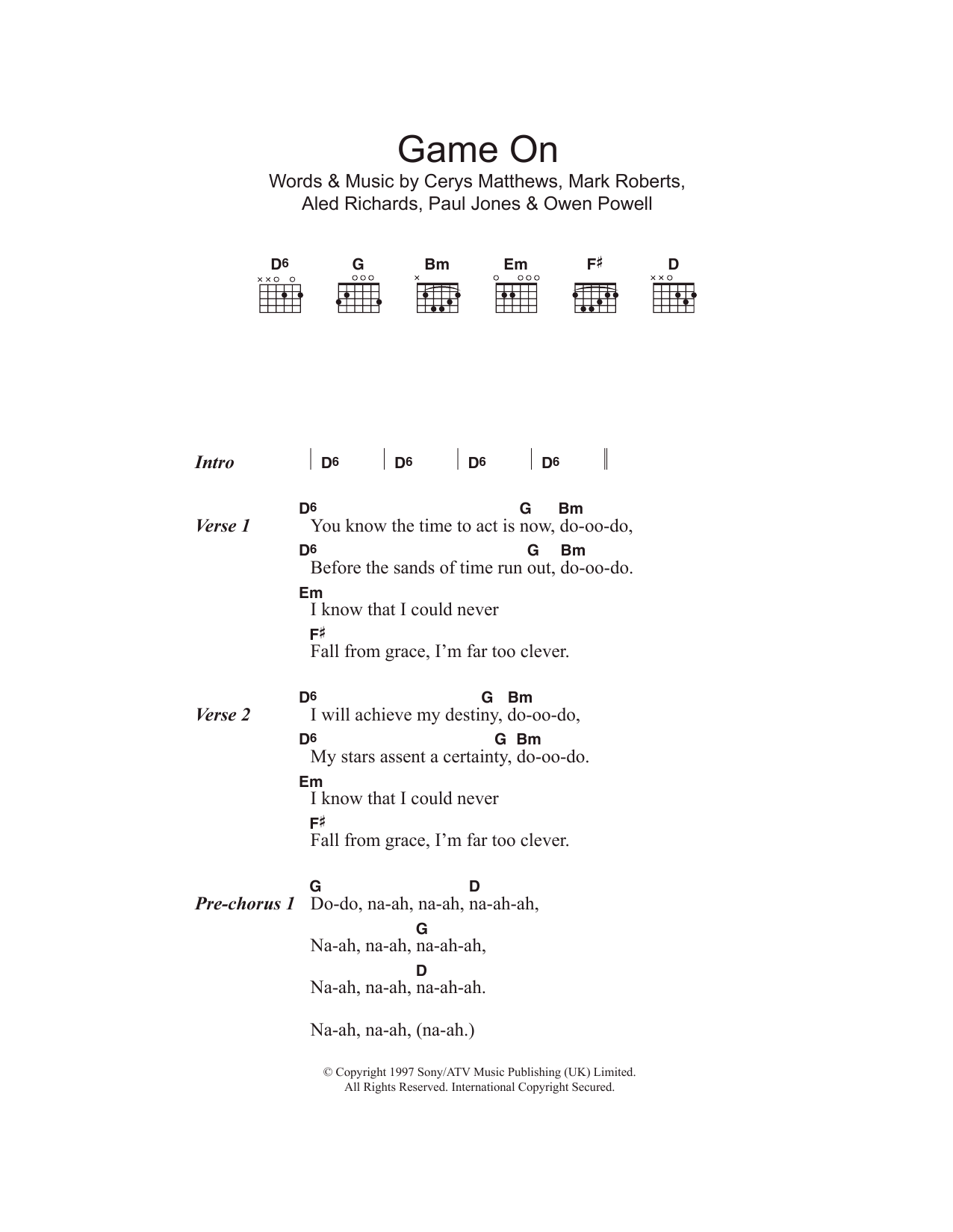 Catatonia Game On sheet music notes and chords. Download Printable PDF.