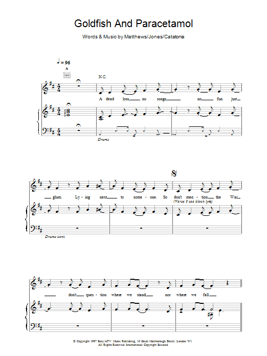 Catatonia Goldfish And Paracetamol sheet music notes and chords arranged for Piano, Vocal & Guitar Chords