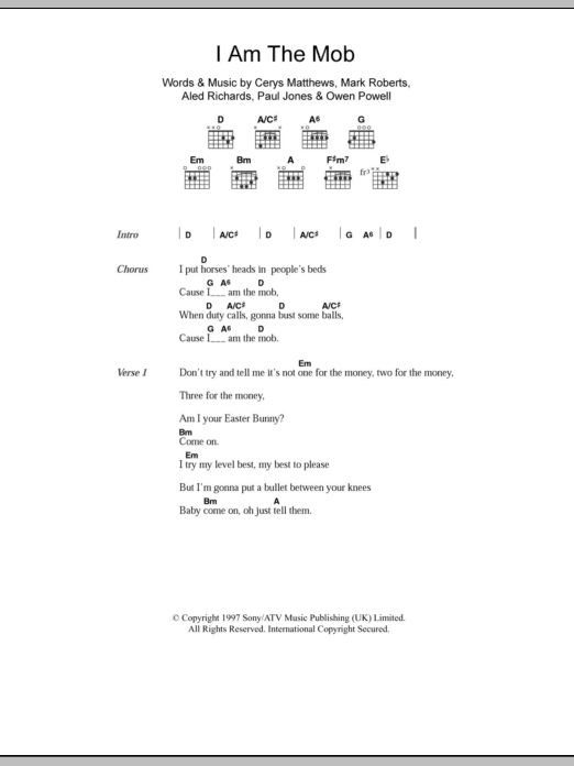 Catatonia I Am The Mob sheet music notes and chords. Download Printable PDF.