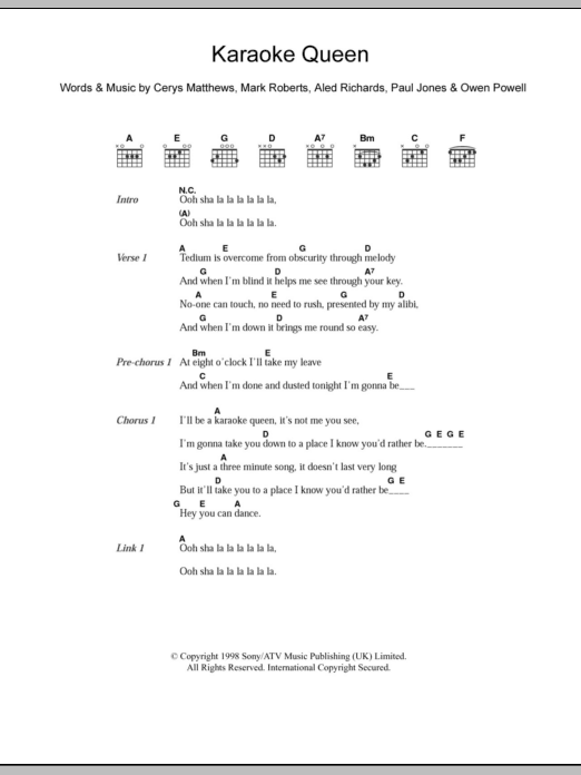 Catatonia Karaoke Queen sheet music notes and chords. Download Printable PDF.