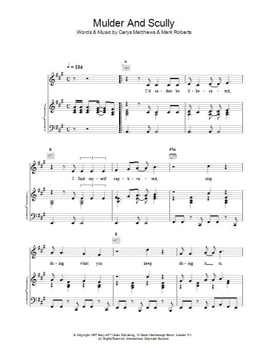 Catatonia Mulder And Scully sheet music notes and chords arranged for Piano, Vocal & Guitar Chords