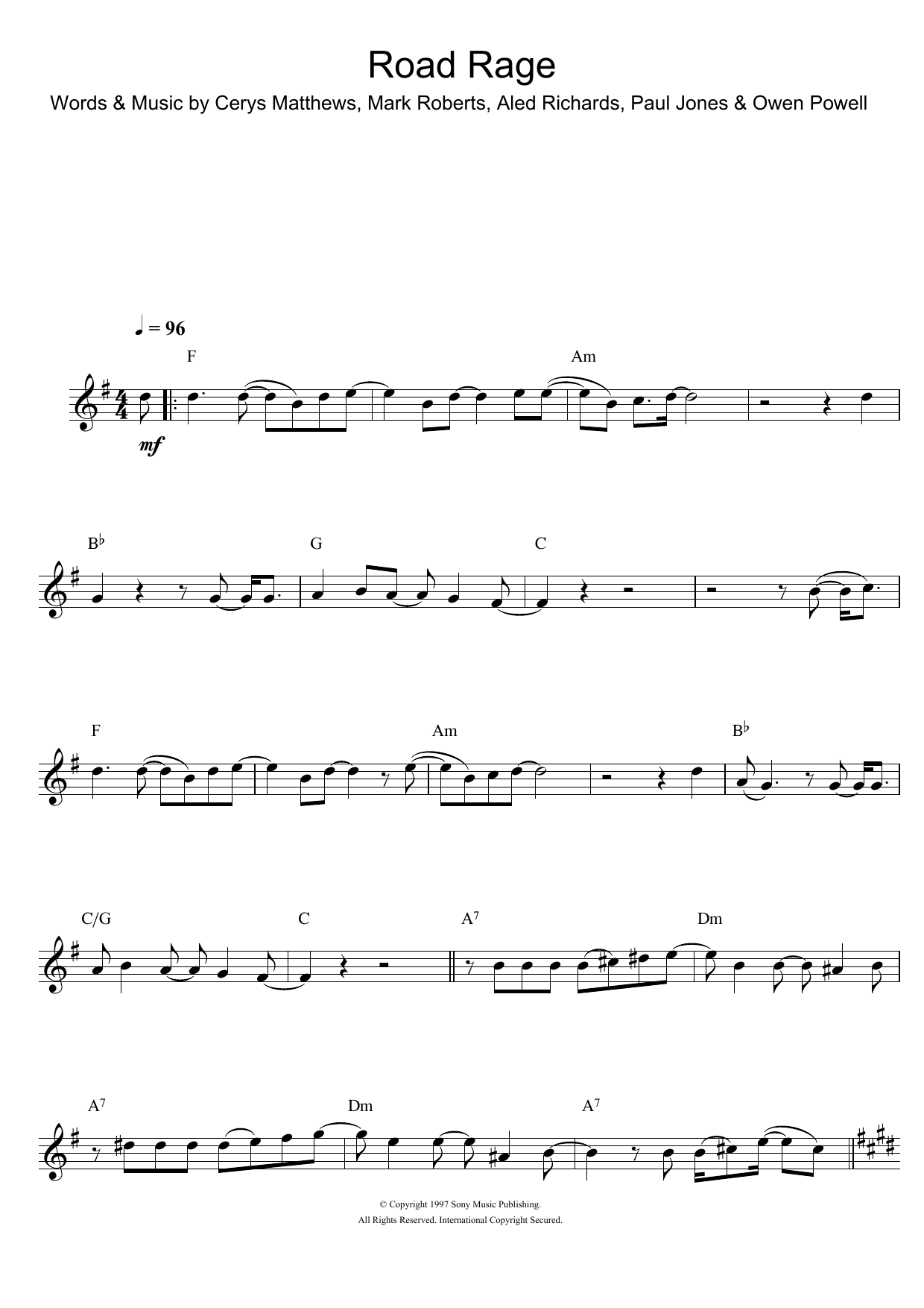 Catatonia Road Rage sheet music notes and chords. Download Printable PDF.