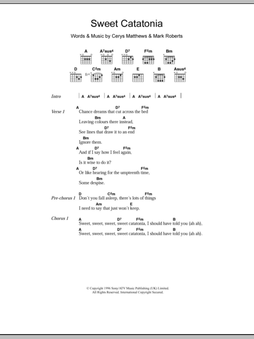 Catatonia Sweet Catatonia sheet music notes and chords. Download Printable PDF.