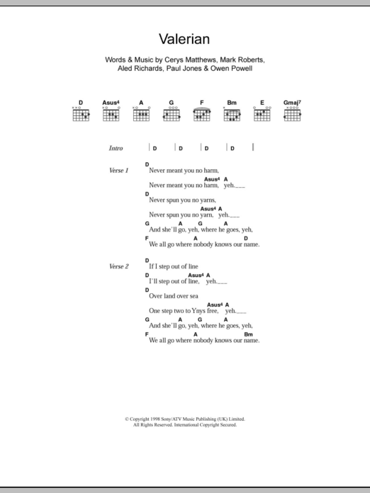 Catatonia Valerian sheet music notes and chords. Download Printable PDF.