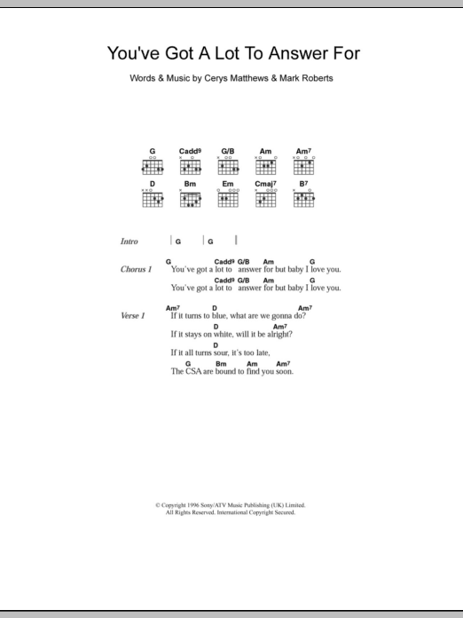 Catatonia You've Got A Lot To Answer For sheet music notes and chords. Download Printable PDF.