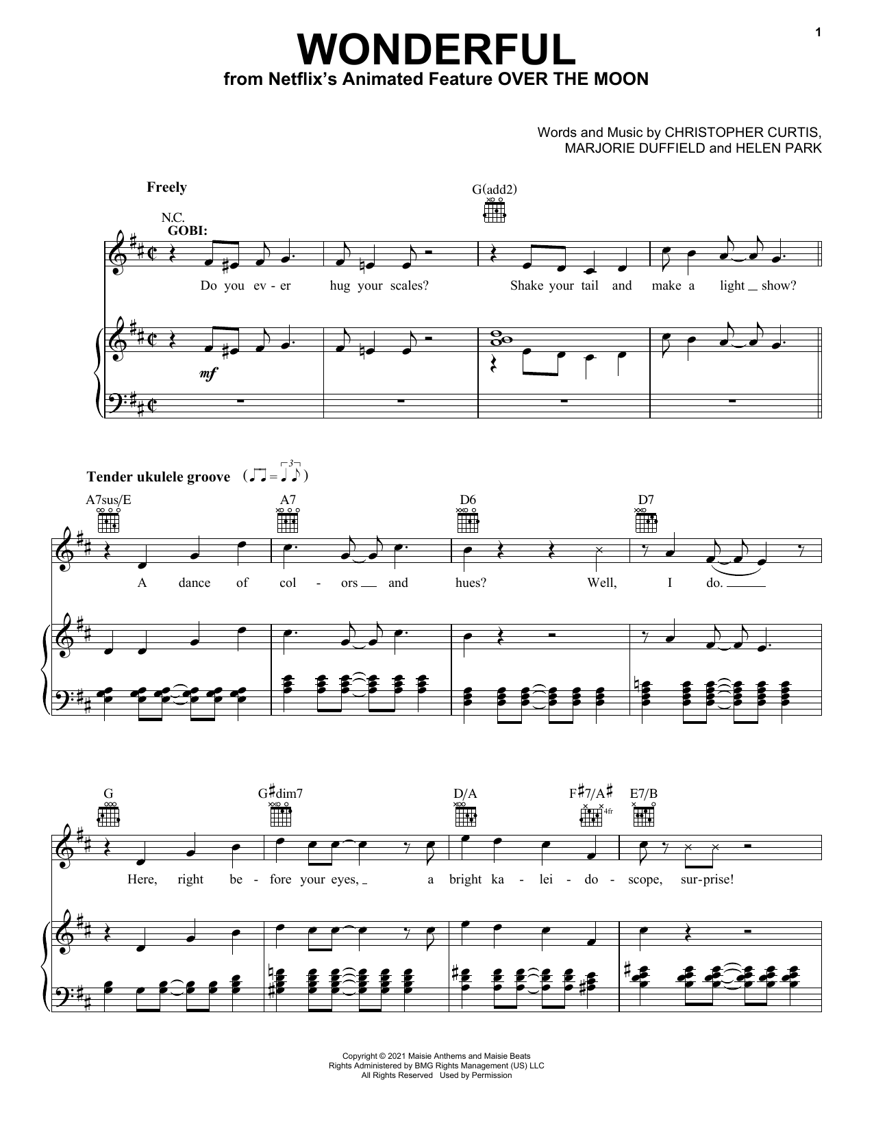 Learn to play Cathy Ang and Ken Jeong Wonderful (from Over The Moon) sheet music for Piano, Vocal & Guitar Chords (Right-Hand Melody) in minutes. Price: 7.8900$ Cathy Ang and Ken Jeong Wonderful (from Over The Moon) sheet music notes and chords arranged for Piano, Vocal & Guitar Chords (Right-Hand Melody)