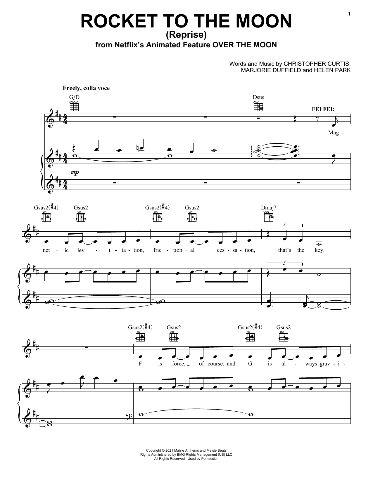 Learn to play Cathy Ang Rocket To The Moon (Reprise) (from Over The Moon) sheet music for Piano, Vocal & Guitar Chords (Right-Hand Melody) in minutes. Price: 7.8900$ Cathy Ang Rocket To The Moon (Reprise) (from Over The Moon) sheet music notes and chords arranged for Piano, Vocal & Guitar Chords (Right-Hand Melody)