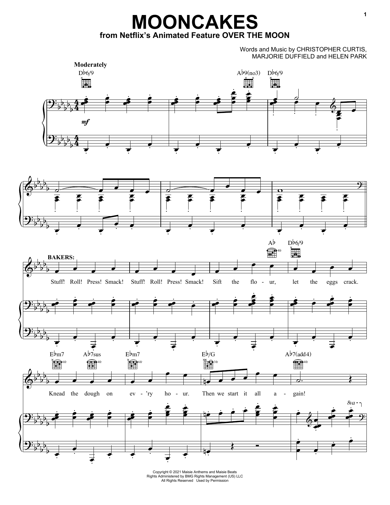 Learn to play Cathy Ang, Ruthie Ann Miles and John Cho Mooncakes (from Over The Moon) sheet music for Piano, Vocal & Guitar Chords (Right-Hand Melody) in minutes. Price: 7.8900$ Cathy Ang, Ruthie Ann Miles and John Cho Mooncakes (from Over The Moon) sheet music notes and chords arranged for Piano, Vocal & Guitar Chords (Right-Hand Melody)