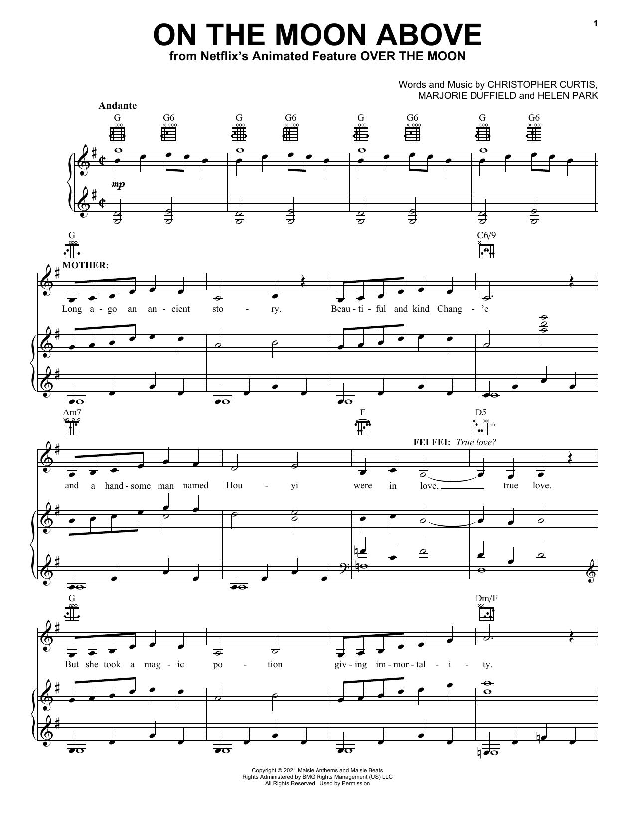Learn to play Cathy Ang, Ruthie Ann Miles and John Cho On The Moon Above (from Over The Moon) sheet music for Piano, Vocal & Guitar Chords (Right-Hand Melody) in minutes. Price: 7.8900$ Cathy Ang, Ruthie Ann Miles and John Cho On The Moon Above (from Over The Moon) sheet music notes and chords arranged for Piano, Vocal & Guitar Chords (Right-Hand Melody)