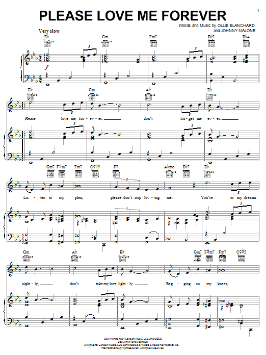 Learn to play Cathy Jean & The Roommates Please Love Me Forever sheet music for Piano, Vocal & Guitar Chords (Right-Hand Melody) in minutes. Price: 7.8900$ Cathy Jean & The Roommates Please Love Me Forever sheet music notes and chords arranged for Piano, Vocal & Guitar Chords (Right-Hand Melody)