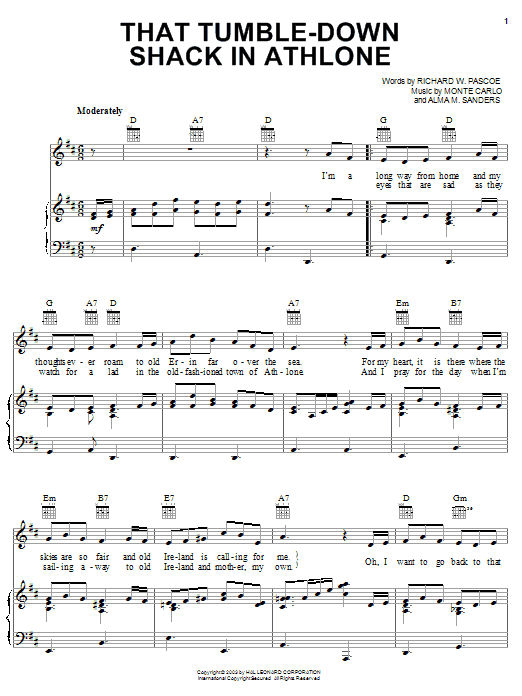 Learn to play Cavan O'Connor That Tumble-Down Shack In Athlone sheet music for Piano, Vocal & Guitar Chords (Right-Hand Melody) in minutes. Price: 7.8900$ Cavan O'Connor That Tumble-Down Shack In Athlone sheet music notes and chords arranged for Piano, Vocal & Guitar Chords (Right-Hand Melody)