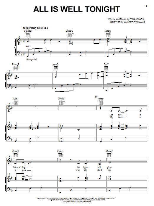 Learn to play CeCe Winans All Is Well Tonight sheet music for Piano, Vocal & Guitar Chords (Right-Hand Melody) in minutes. Price: 7.8900$ CeCe Winans All Is Well Tonight sheet music notes and chords arranged for Piano, Vocal & Guitar Chords (Right-Hand Melody)