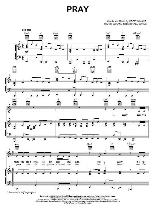Learn to play CeCe Winans Pray sheet music for Piano, Vocal & Guitar Chords (Right-Hand Melody) in minutes. Price: 7.8900$ CeCe Winans Pray sheet music notes and chords arranged for Piano, Vocal & Guitar Chords (Right-Hand Melody)