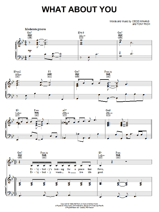 Learn to play CeCe Winans What About You sheet music for Piano, Vocal & Guitar Chords (Right-Hand Melody) in minutes. Price: 7.8900$ CeCe Winans What About You sheet music notes and chords arranged for Piano, Vocal & Guitar Chords (Right-Hand Melody)