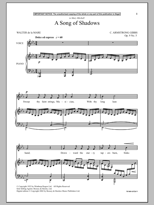 Learn to play Cecil Armstrong Gibbs A Song Of Shadows sheet music for Piano & Vocal in minutes. Price: 7.8900$ Cecil Armstrong Gibbs A Song Of Shadows sheet music notes and chords arranged for Piano & Vocal