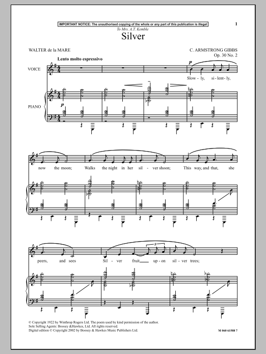 Learn to play Cecil Armstrong Gibbs Silver sheet music for Piano & Vocal in minutes. Price: 7.8900$ Cecil Armstrong Gibbs Silver sheet music notes and chords arranged for Piano & Vocal