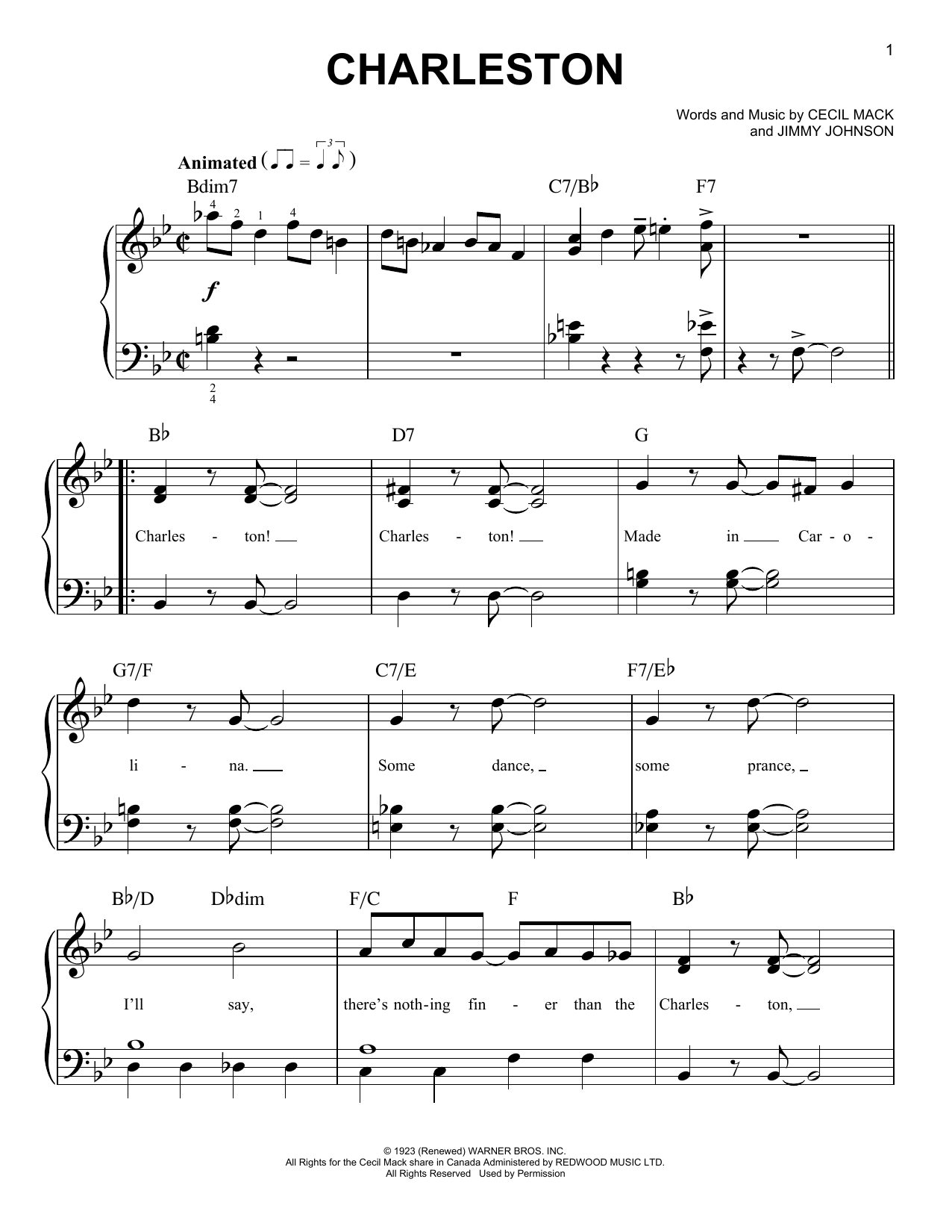 Cecil Mack Charleston sheet music notes and chords arranged for Easy Piano