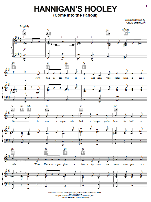 Learn to play Cecil Sheridan Hannigan's Hooley sheet music for Piano, Vocal & Guitar Chords (Right-Hand Melody) in minutes. Price: 7.8900$ Cecil Sheridan Hannigan's Hooley sheet music notes and chords arranged for Piano, Vocal & Guitar Chords (Right-Hand Melody)