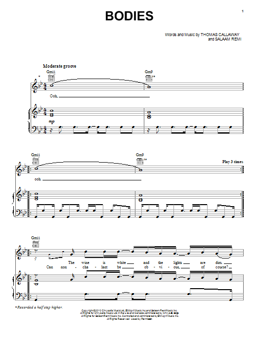 Learn to play Cee Lo Green Bodies sheet music for Piano, Vocal & Guitar Chords (Right-Hand Melody) in minutes. Price: 7.8900$ Cee Lo Green Bodies sheet music notes and chords arranged for Piano, Vocal & Guitar Chords (Right-Hand Melody)