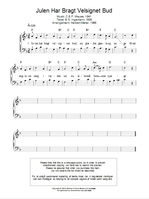 C.E.F. Weyse Julen Har Bragt Velsignet Bud sheet music notes and chords arranged for Piano Solo