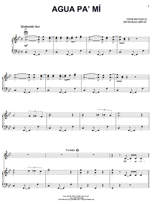Learn to play Celia Cruz Agua Pa' Mi sheet music for Piano, Vocal & Guitar Chords (Right-Hand Melody) in minutes. Price: 7.8900$ Celia Cruz Agua Pa' Mi sheet music notes and chords arranged for Piano, Vocal & Guitar Chords (Right-Hand Melody)