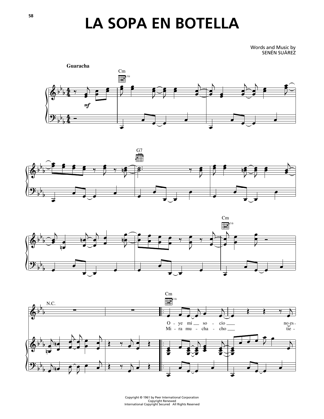 Learn to play Celia Cruz & Johnny Pacheco La Sopa En Botella sheet music for Piano, Vocal & Guitar Chords (Right-Hand Melody) in minutes. Price: 7.8900$ Celia Cruz & Johnny Pacheco La Sopa En Botella sheet music notes and chords arranged for Piano, Vocal & Guitar Chords (Right-Hand Melody)