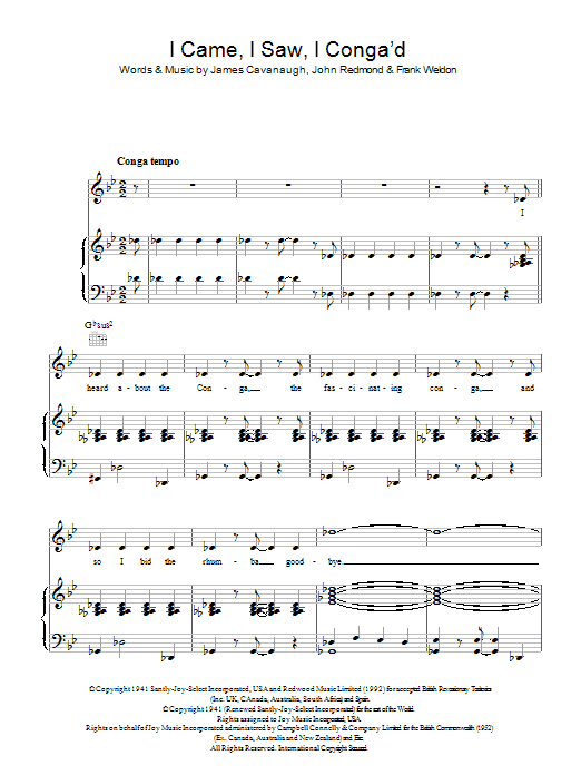 Celia Lipton I Came, I Saw, I Conga'd sheet music notes and chords arranged for Piano, Vocal & Guitar Chords