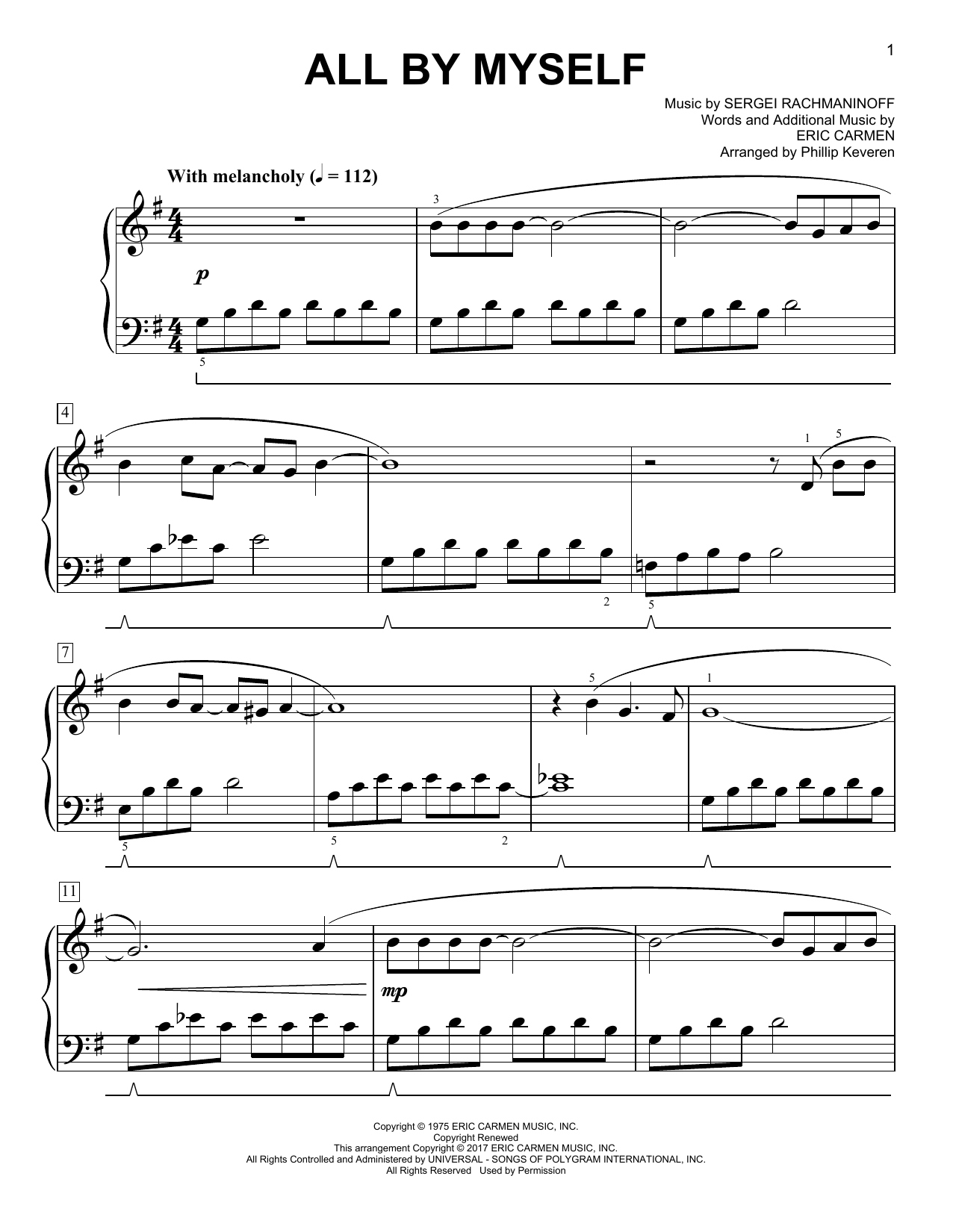 Celine Dion All By Myself [Classical version] (arr. Phillip Keveren) sheet music notes and chords. Download Printable PDF.