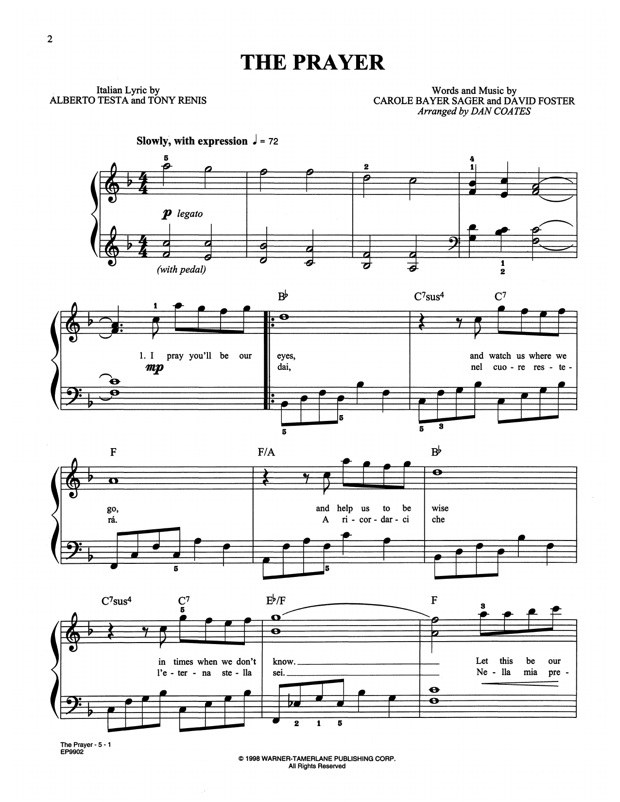 Celine Dion & Andrea Bocelli The Prayer (arr. Dan Coates) sheet music notes and chords. Download Printable PDF.