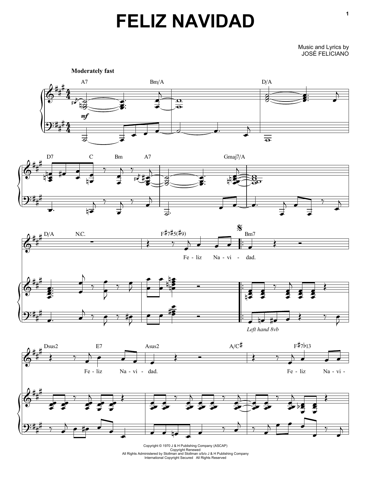 Jose Feliciano Feliz Navidad sheet music notes and chords. Download Printable PDF.