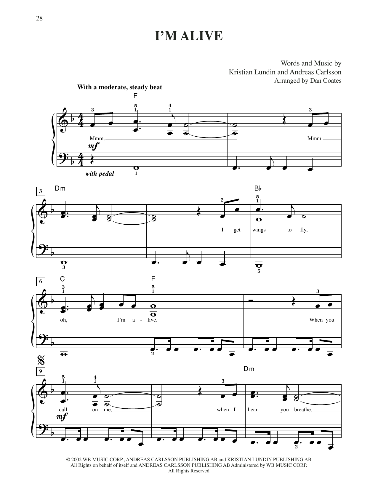 Celine Dion I'm Alive sheet music notes and chords. Download Printable PDF.