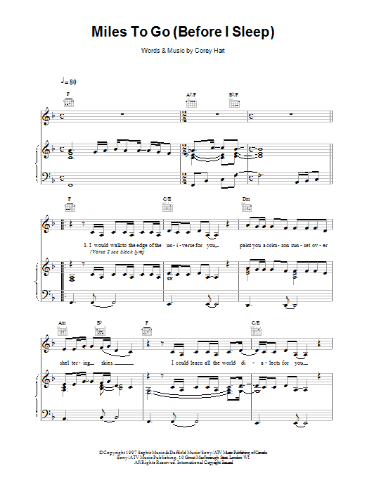 Celine Dion Miles To Go Before I Sleep sheet music notes and chords arranged for Piano, Vocal & Guitar Chords