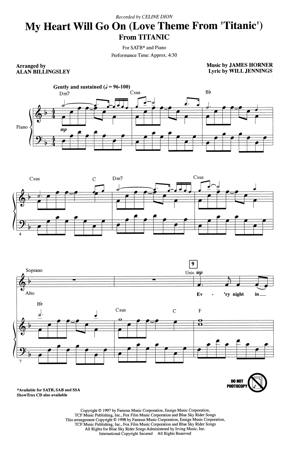 Celine Dion My Heart Will Go On (Love Theme From 'Titanic') (arr. Alan Billingsley) sheet music notes and chords. Download Printable PDF.