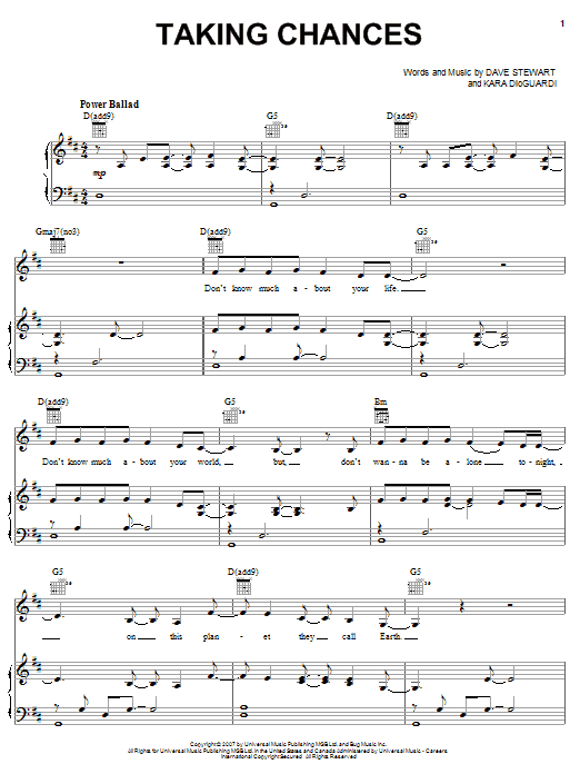 Learn to play Celine Dion Taking Chances sheet music for Piano, Vocal & Guitar Chords (Right-Hand Melody) in minutes. Price: 7.8900$ Celine Dion Taking Chances sheet music notes and chords arranged for Piano, Vocal & Guitar Chords (Right-Hand Melody)