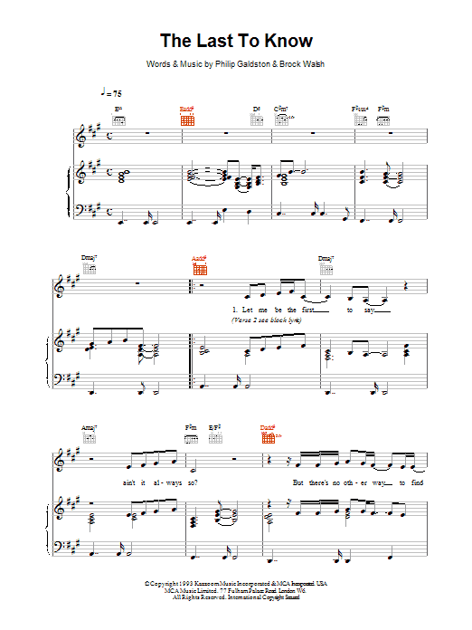 Celine Dion The Last To Know sheet music notes and chords arranged for Piano, Vocal & Guitar Chords