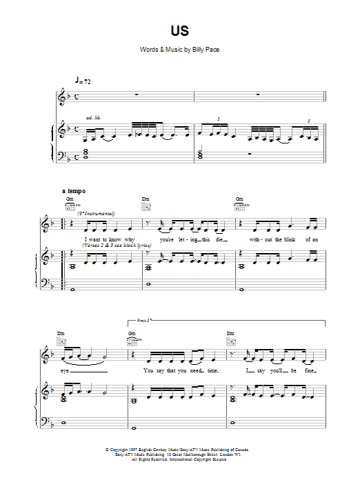 Celine Dion Us sheet music notes and chords arranged for Piano, Vocal & Guitar Chords