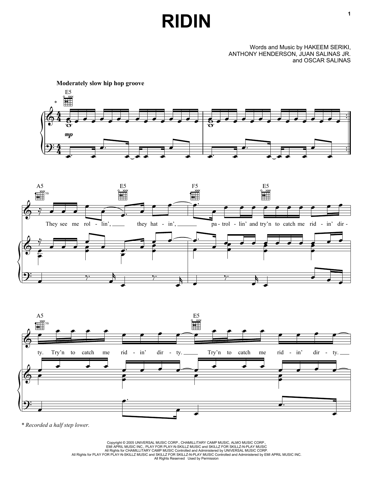 Learn to play Chamillionaire Ridin sheet music for Piano, Vocal & Guitar Chords (Right-Hand Melody) in minutes. Price: 7.8900$ Chamillionaire Ridin sheet music notes and chords arranged for Piano, Vocal & Guitar Chords (Right-Hand Melody)