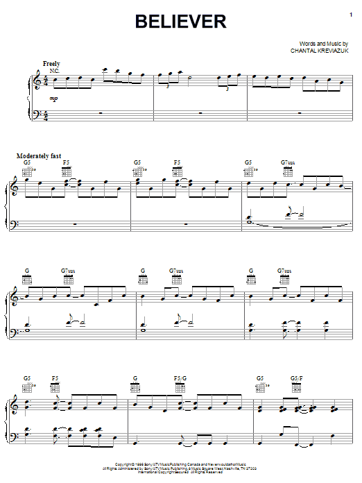 Learn to play Chantal Kreviazuk Believer sheet music for Piano, Vocal & Guitar Chords (Right-Hand Melody) in minutes. Price: 7.8900$ Chantal Kreviazuk Believer sheet music notes and chords arranged for Piano, Vocal & Guitar Chords (Right-Hand Melody)