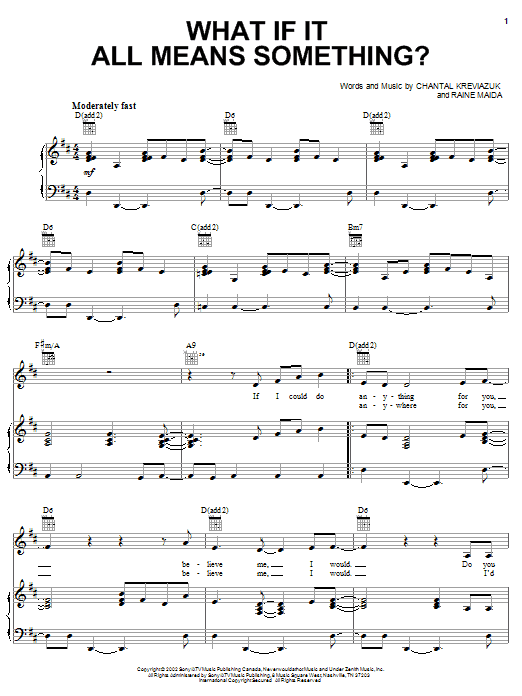 Learn to play Chantal Kreviazuk What If It All Means Something? sheet music for Piano, Vocal & Guitar Chords (Right-Hand Melody) in minutes. Price: 7.8900$ Chantal Kreviazuk What If It All Means Something? sheet music notes and chords arranged for Piano, Vocal & Guitar Chords (Right-Hand Melody)
